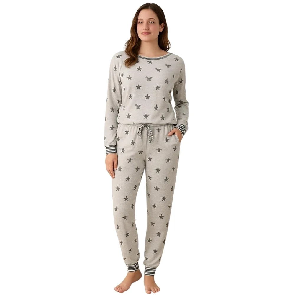 Disney Star Mickey Mouse Gray Matching Pajama Set M Long Sleeve Top & Pants